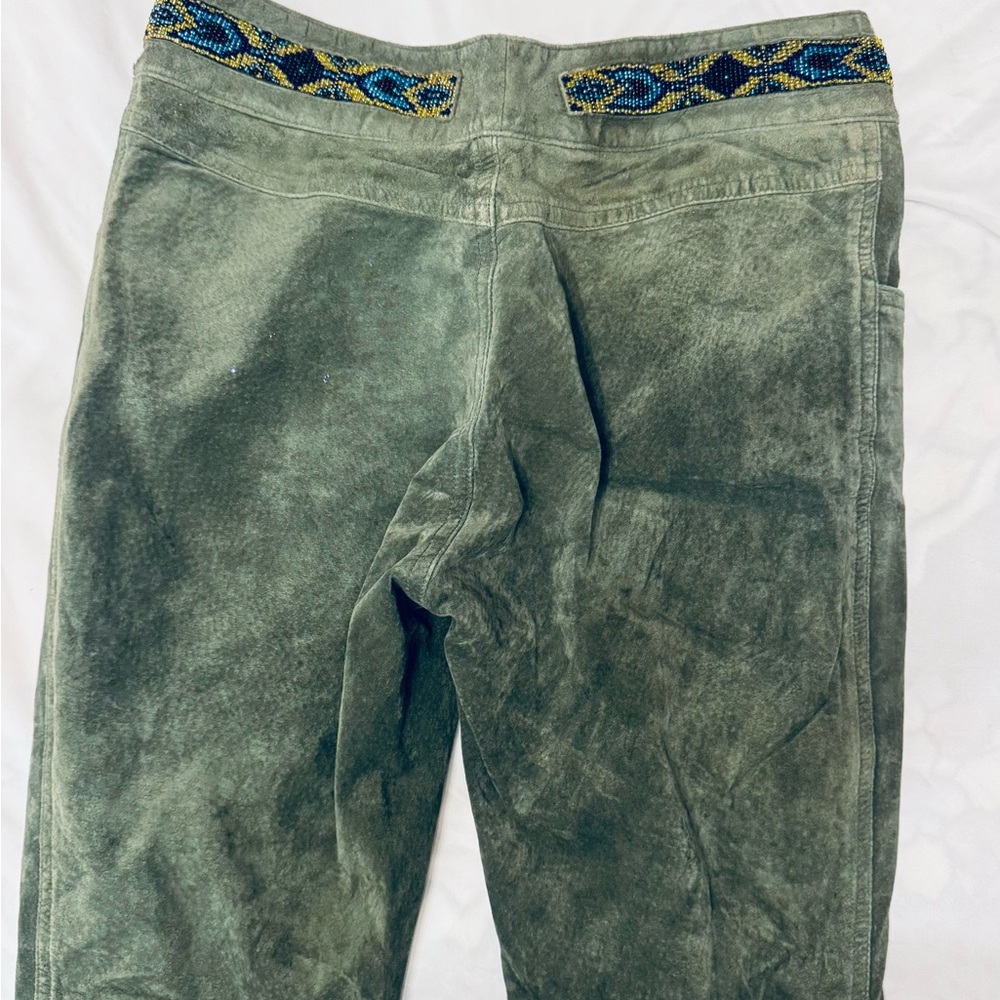 Green Flared Women's Leather Pants - Picture 4 of 7